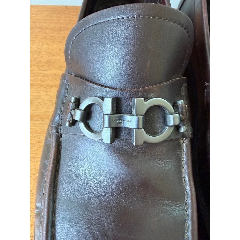 Ferragamo Moccasin Gancini Bit Men's 9 D Calf Leather Brown Loafers Italy